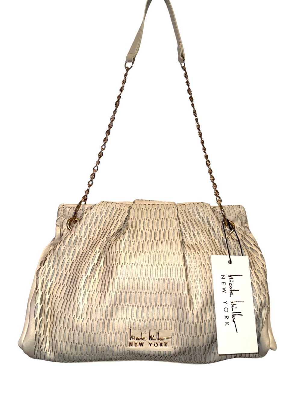 Nicole Miller Cream Perforated Design Shoulder Bag w/Chain Strap
